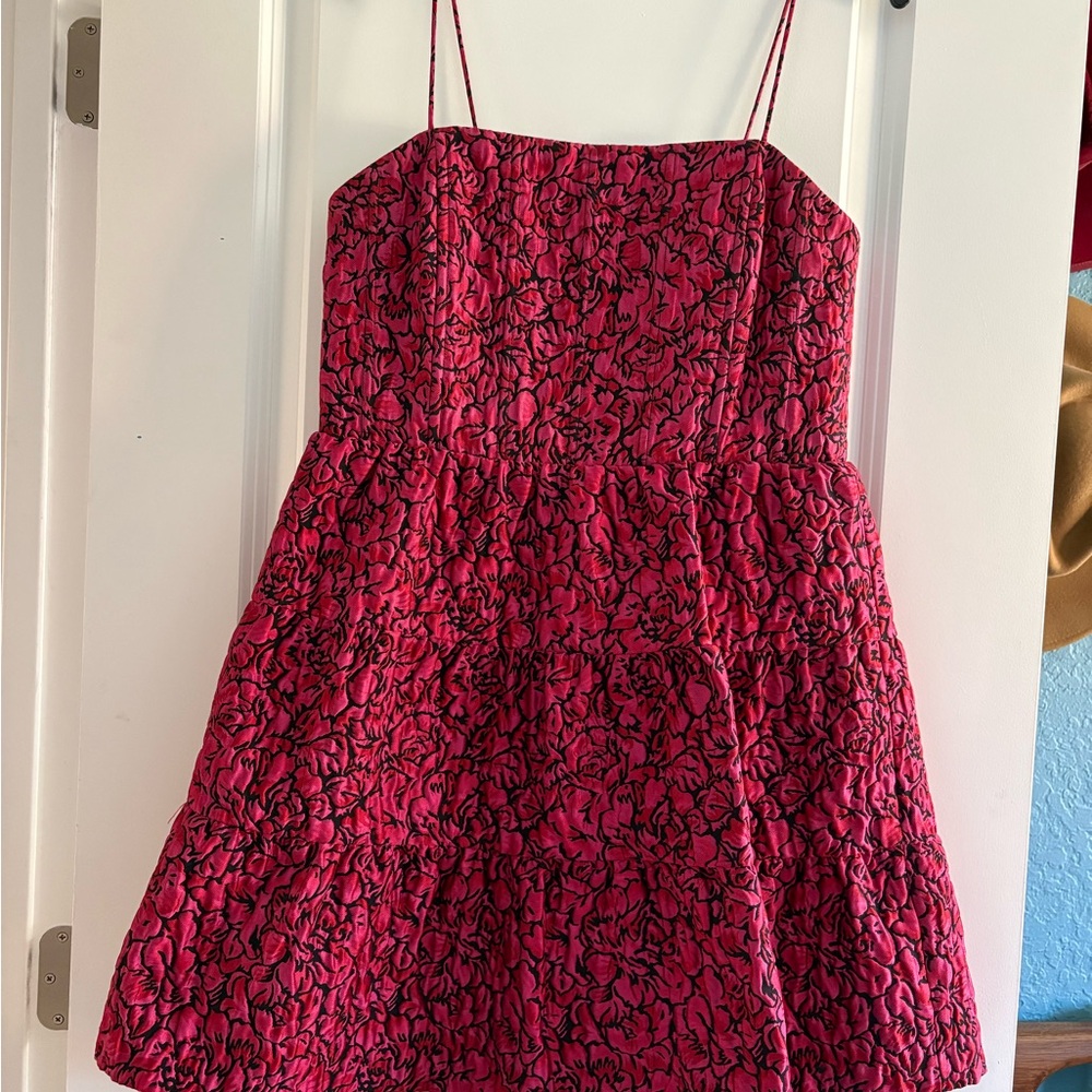 Alice + Olivia Pink Floral Spaghetti-Strap Tiered Midi Dress